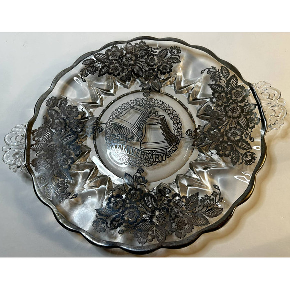 Silver City 25th Anniversary Glass Handled W/Silver Floral Overlay Cake Plate - Picture 3 of 5